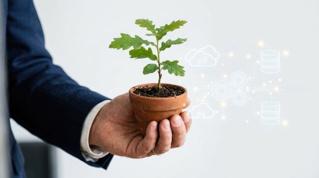 Professional holding small potted plant amidst futuristic technology visuals for growth concept with representing technology planning digital icons