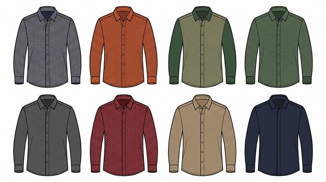 a set of eight colorful flat vector illustrations of men's long-sleeve button-down solid shirts