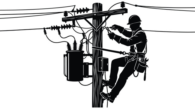 Lineman working on a utility pole black silhouette against a white background