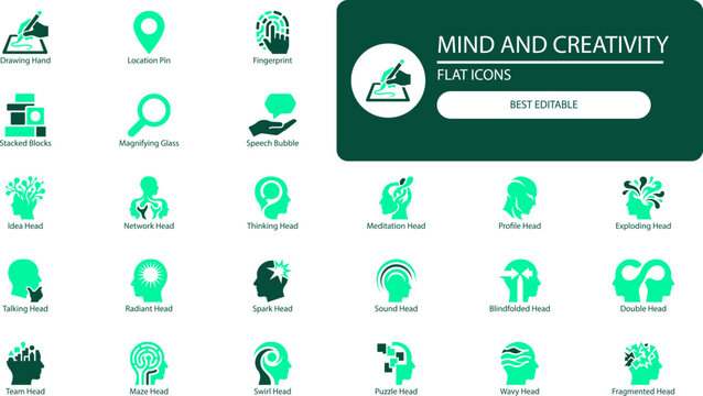 Mind and creativity icons set. Simple cutout vector symbols of brain, idea, thinking and intelligence for psychology design
