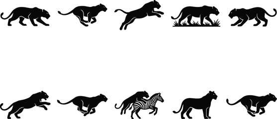 Obraz premium Cheetah and zebra silhouette collection illustration, wildlife and nature concept, solid black vector design showing predator and prey in dynamic motion