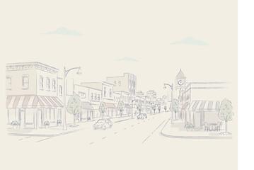 American small town main street with shops and cars hand drawn illustration
