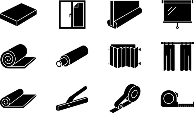 Home thermal insulation and window draught weatherproofing tools silhouette icon set for energy efficiency