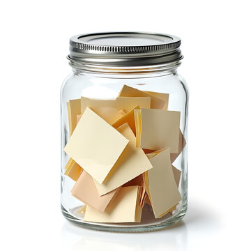 Transparent storage jar packed with square paper notes and silver screw lid. Versatile tool for brainstorming ideas or organizing daily tasks.