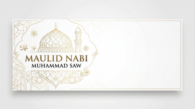 Maulid Nabi Muhammad SAW clean white greeting banner with subtle golden mosque ornament spacious Islamic celebration design
