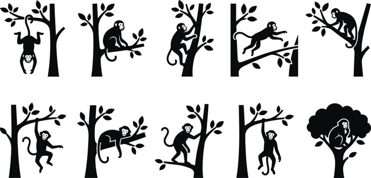 Monkey silhouette collection illustration, wildlife and nature concept, solid black vector design showing monkeys climbing, hanging, and playing on trees