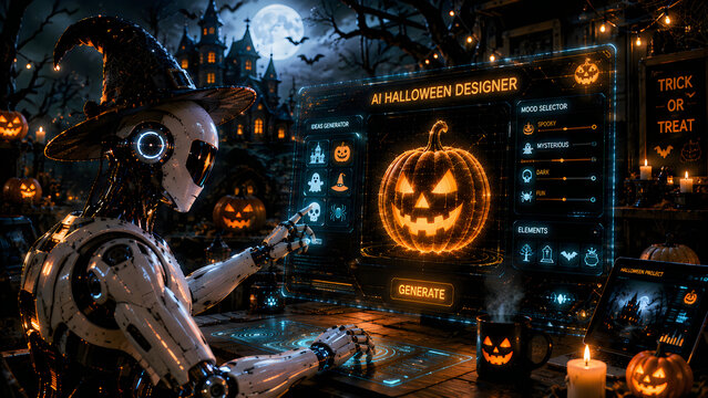 Futuristic robot designer working on a glowing pumpkin graphic using advanced ai software in a dark room filled with halloween decorations and festive neon lights