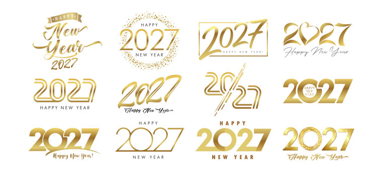 Set of Happy New Year 2027 golden logo text design. 2027 vector illustration for New Year greetings or calendar cover design