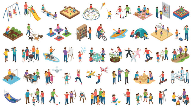 Isometric playground scenes depict various recreational activities with people