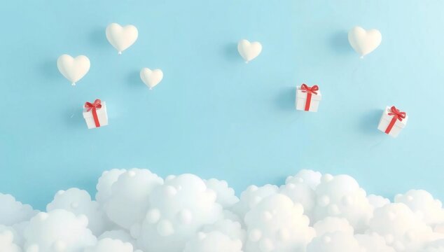 Gifts floating among hearts and clouds