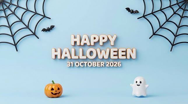 Happy Halloween, 31 October 2026, text with a single pumpkin, ghost figure, and black spider webs on a blue background
