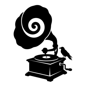 Vintage gramophone vinyl player vector illustration, antique phonograph with spiral horn, retro music player with raven silhouette isolated on White Background