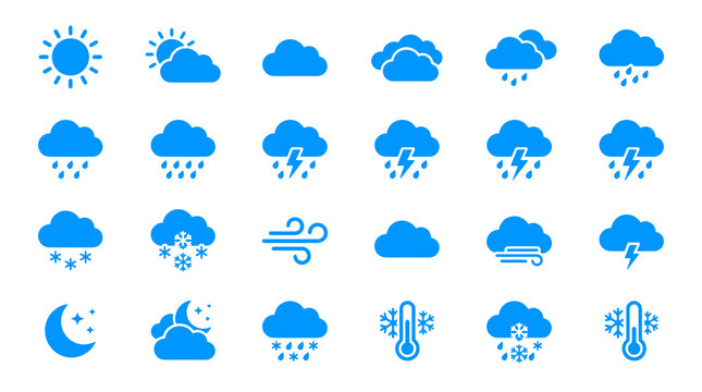 Collection Of Blue Weather Forecast Icons On Transparent Background