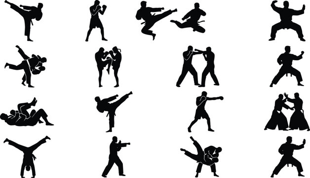 Set of detailed martial arts silhouettes showcasing various fighting styles and action poses