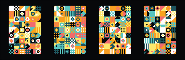 Obraz premium Set of four abstract geometric mosaic patterns with colorful stained glass effect and vibrant shapes in a square grid layout for modern digital art and decorative texture design Vector