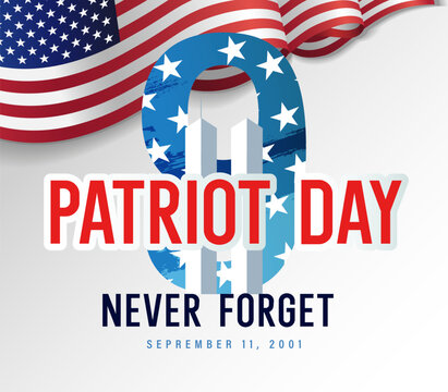 9.11, Partiot Day USA - Never Forget September 11 banner. Vector poster for Remembrance Day with number 9 and Twin Towers