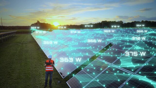An enginner technician measure output power of solar panels in real-time using digital twin technology with smart sensors and IoT solutions. 3D graphic animation visualization