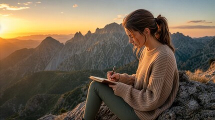 Fototapeta premium Young woman writing in a journal on a mountain peak at sunrise