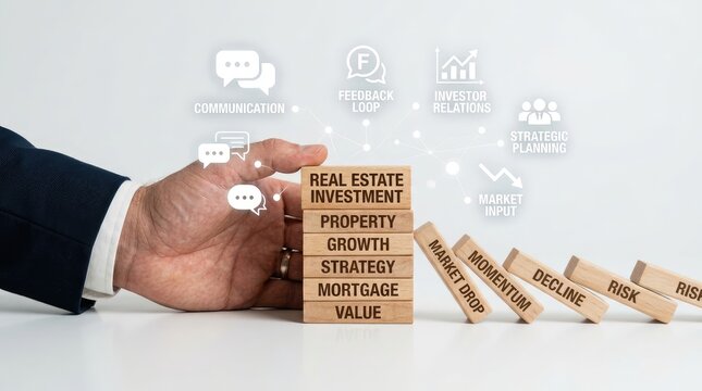 Professional hand stacking real estate investment concept blocks with market dynamics visuals with surrounded floating icons representing communication