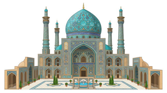 Ornate Islamic Mosque with Blue Dome and Minaret
