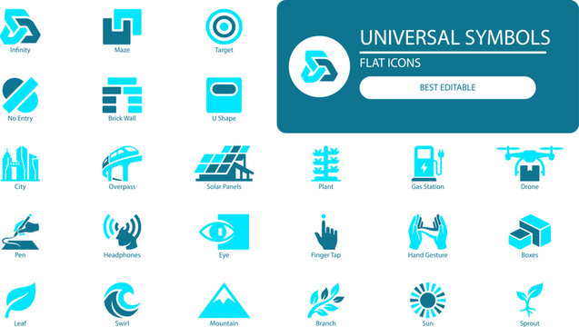 Universal symbols icon set. Minimal vector pictogram collection of business, nature, tech and transport signs for UI and design