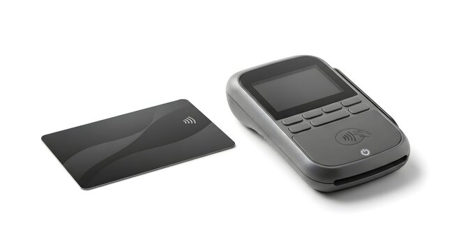 Wireless payment terminal with credit card on clean white background for fintech and contactless transaction concept