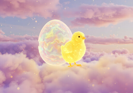Cute chick and iridescent egg on clouds