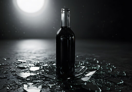Dark bottle on shattered glass