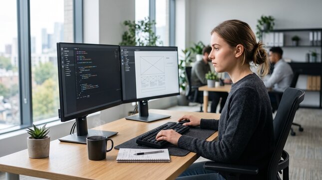 Focused female programmer coding on dual monitors in modern office with city view
