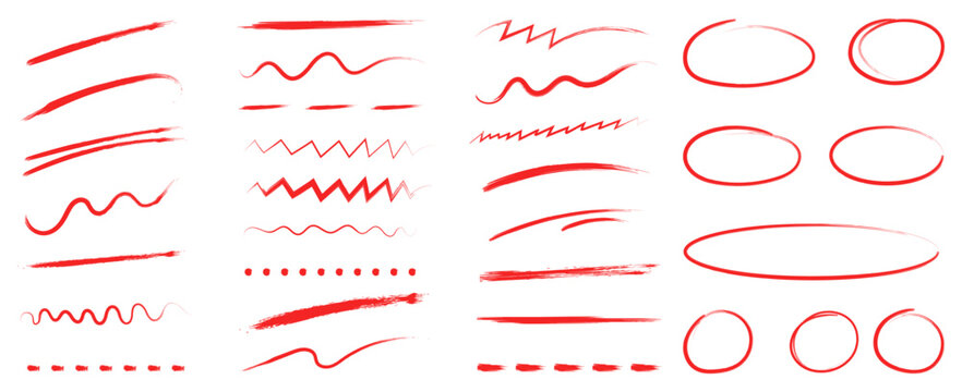 Collection of red brush stroke underline. Hand drawn marker pen stroke line set. Thin ink underline dividers and rough marker lines. Chalk, charcoal highlight strokes doodle set. vector 