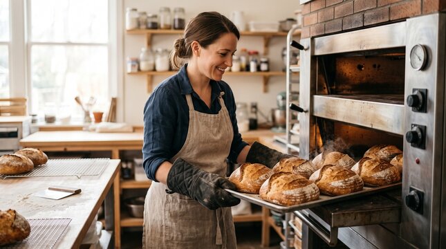 Smiling Baker Woman Pulls Freshly Baked Sourdough Bread From Industrial Oven