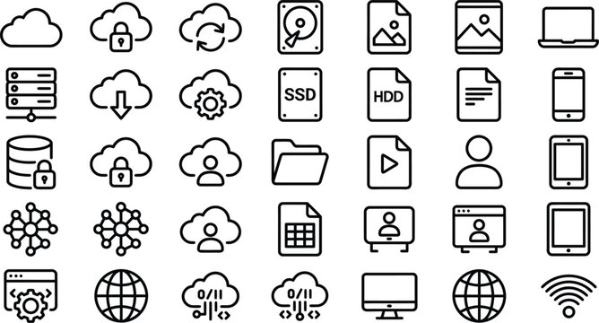 Set of simple black line icons for technology and computing