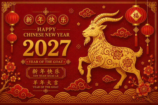Happy Chinese New Year 2027 &ndash; Year of the Goat with Golden Goat, Red Lanterns and Traditional Floral Decorations