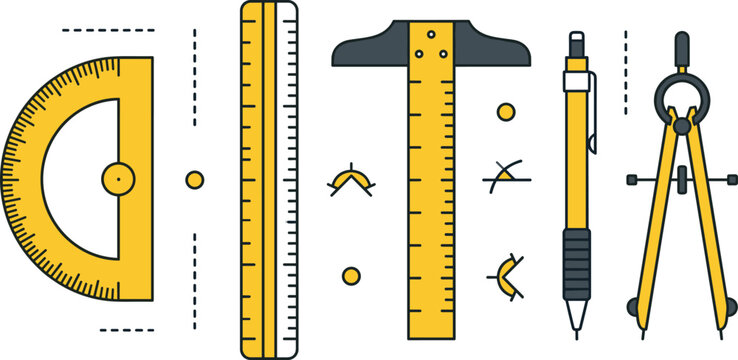 Geometry and drafting tool icon set with protractor ruler t square mechanical pencil drawing compass for architecture engineering math education vector
