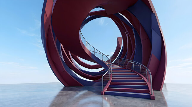 Geometric 3D artistic render of a sand beige spiraling ribbon staircase, side profile view, against a dramatic stormy sky, with dramatic rim lighting, with a rippled water surface