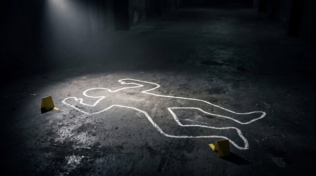 Forensic crime scene white chalk body outline on a dark floor with police evidence markers and spotlight