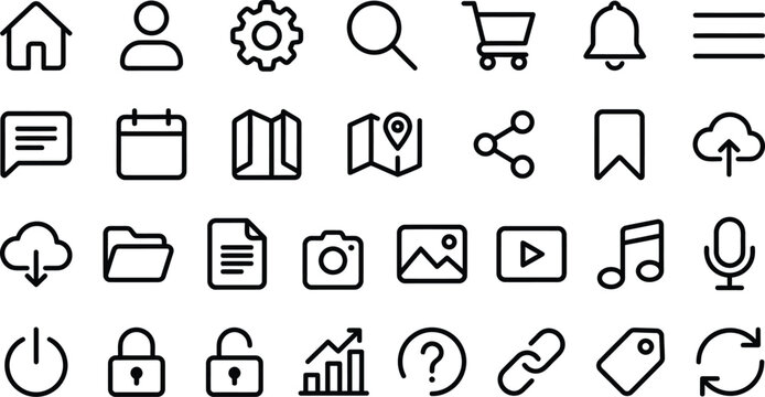 Set of simple black line interface ui icons