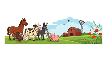 Naklejka premium Cute Cartoon Farm Animals Vector Panorama with Red Barn Windmill Cow Horse Pig and Fields for Kids Countryside Educational Designs