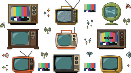 Retro television icon set with vintage crt tv boxes antenna signal towers static screens test patterns and nostalgic broadcast elements vector © MdMehedi