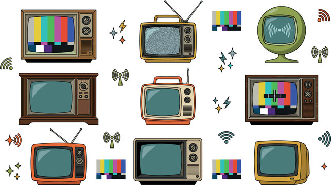 Retro television icon set with vintage crt tv boxes antenna signal towers static screens test patterns and nostalgic broadcast elements vector
