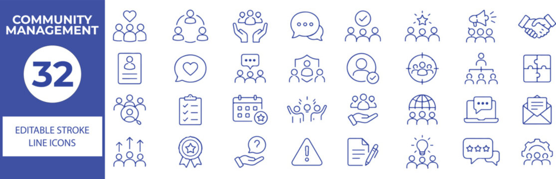 32 Community Management Vector Outline Icons Set,Social Media, Teamwork, Communication and Online Community Line Symbols Collection