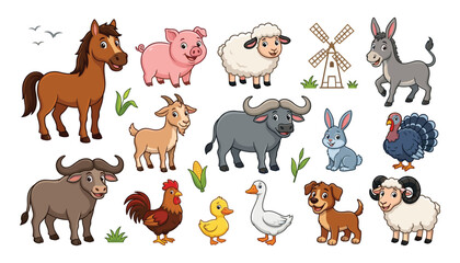 Obraz premium Cute Cartoon Farm Animal Vector Character Set with Horse, Pig, Sheep, Goat, Cow, Rooster, Duck, and Dog for Children Education and Book Illustrations