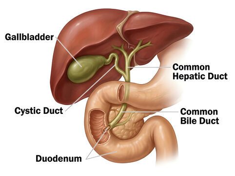 Human gallbladder and bile duct anatomy diagram isolated on white background