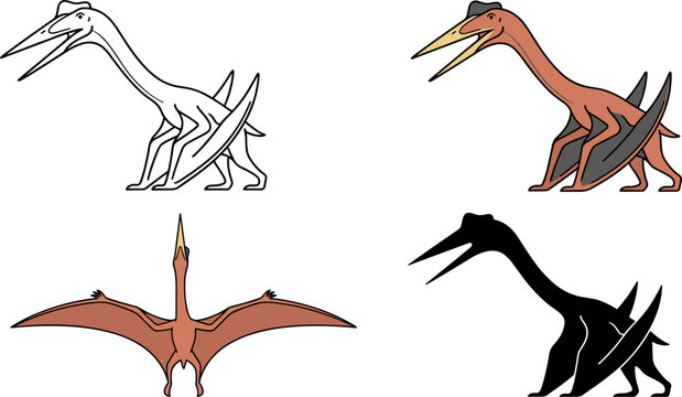 Pterodactyl Quetzalcoatlus Dinosaur Vector Set with Flying Top View and Profile Icons for Paleontology Science Education School Textbooks and Prehistoric Game Asset Designs