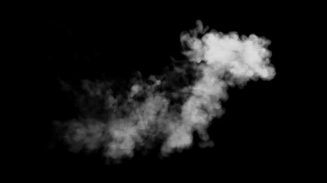 Looping video animation of cartoon style smoke explosion with puff blast dust particles in 4K resolution alpha channel effect moving on black screen background for visual effects 