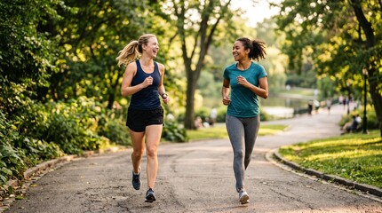 Fototapeta premium Two happy women jogging together in a sunny park enjoying outdoor fitness and friendship