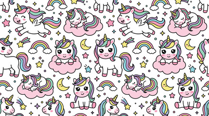 Cute kawaii unicorn seamless pattern vector illustration featuring cartoon magic horses rainbows stars and clouds for kids fabric textile background © MdMehedi