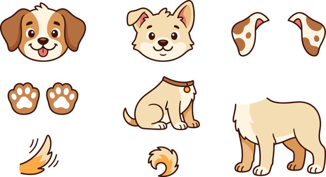 Cute Cartoon Dog Character Parts Collection with Heads Ears Paws Tails and Body Elements