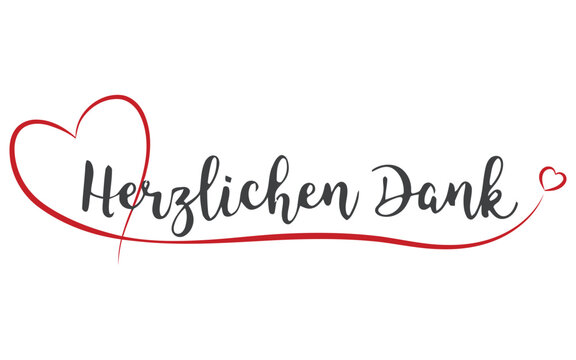 Elegant german lettering herzlichen dank with a hand drawn red heart outline on a white background for greeting cards