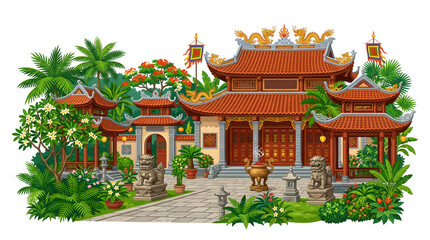 Obraz premium Traditional Asian Temple with Ornate Roof and Gardens
